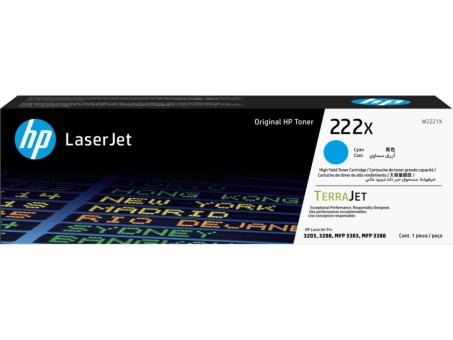 Картридж HP W2221X (222X) Cyan оригинальный для HP LaserJet Pro 3203/ MFP 3303, голубой, увеличенный, 2500 страниц Картридж HP W2221X (222X) Cyan оригинальный для HP LaserJet Pro 3203/ MFP 3303, голубой, увеличенный, 2500 страниц